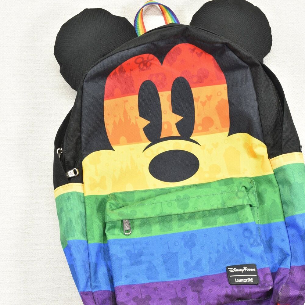 Disney Parks Loungefly Backpack Mickey Mouse Rainbow Pride 3D Ears Black Resort